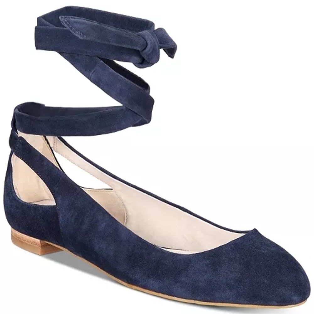 Kenneth Cole New York Wilhelmina Suede Ankle Tie Ballet Flats, Size 7 Navy Blue